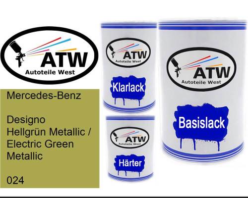 Mercedes-Benz, Designo Hellgrün Metallic / Electric Green Metallic, 024: 500ml Lackdose + 500ml Klarlack + 250ml Härter - Set, von ATW Autoteile West.